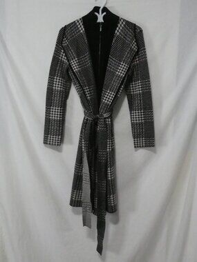 TAHARI Black White Plaid Houndstooth Belted Wrap Coat Knit Mock Neck Jacket - M